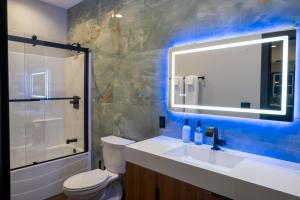 a bathroom with a toilet and a sink and a mirror at Bonnie n Clyde and Jesse James in Hermann +61 photos