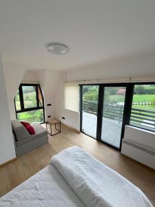a bedroom with a bed and a couch and windows at Panorama Kosmaj in Sopot +47 photos