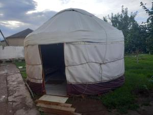 ein Zelt befindet sich in einem Hof in der Unterkunft Акбермет in Bokonbayevo