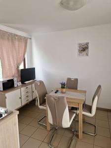 a kitchen with a table and chairs and a desk at Apartman Seka in Kraljevica