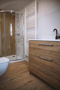 y baño con tocador de madera y ducha. en 4 Sheeps Apartments, en Bovec