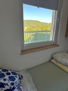 a bedroom with a window with a view of a balcony at domki-sopotnia in Sopotnia Wielka
