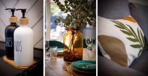 two pictures of bottles and a table with plates and glasses at The Dodsworth modern 4 bedroom house, sleeps 8 in York