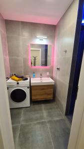a bathroom with a sink and a washing machine at Apartmán Sokolovská in Karlovy Vary +20 photos