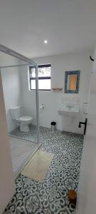 ein Badezimmer mit Toilette und Waschbecken in der Unterkunft Wild Plum Cottage in Kei-mouth Village