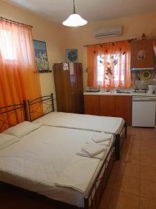 two beds in a room with a kitchen at Ikaria Studios in Manganítis