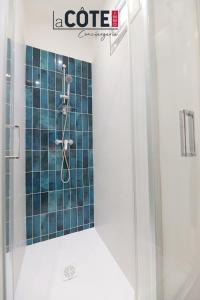 マルティーグにあるVilla Tamarisの青いタイルの壁のバスルーム(シャワー付)