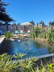 a pond with chairs and an umbrella in a yard at Casa Del Cipres, Gran vista al mar in Pichilemu
