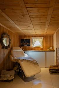 a room with a hospital bed in a room with wooden ceilings at Kalna Smīžu pirtiņa in Melturi