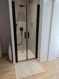 ducha con puerta de cristal y alfombra en Les Talards - 5 mn à pieds gare TGV, en Saint-Malo