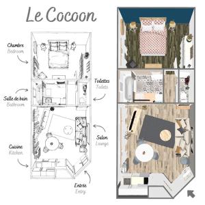 ein Grundriss und ein Bauplan eines Hauses in der Unterkunft LE COCOON Saint Lô - Appartement privé tout équipé - Haras - Parking gratuit - Entrée autonome - Wifi - Netflix - Baignoire - Lave-linge - Lit Queen Size 160cm & canapé-lit 140cm - Jusqu'à 4 personnes in Saint Lo