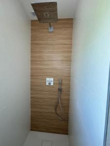 a shower in a bathroom with a wooden wall at Les Cubes De Juliette 4 étoiles in Valaurie +4 photos
