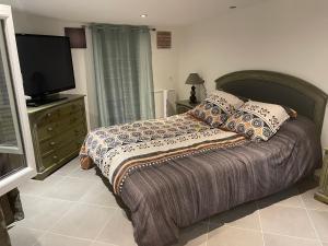 a bedroom with a bed with a television on a dresser at Villa bord de mer deux ch sdb privative in Agde