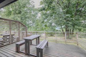 a wooden deck with two benches on a boardwalk at Holiday Apartment Lomahimos 10 in Himos