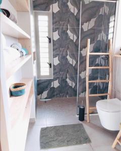 a bathroom with a shower and a toilet and a wall at La Maison Créole in Baie-Mahault