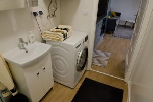 łazienka z pralką i umywalką w obiekcie Apartament Domek Romi w Augustowie do wynajęcia w mieście Augustów