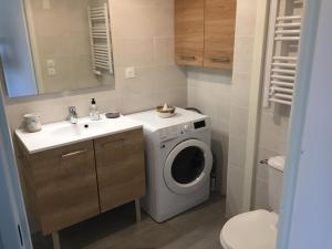 a bathroom with a washing machine and a sink at LouEva in Mimizan