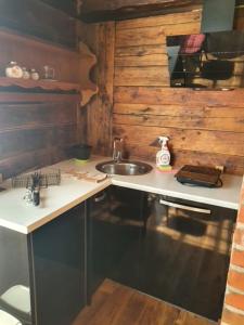 a small kitchen with a sink and a counter at Auci Guest house 1 in Liepāja +15 photos