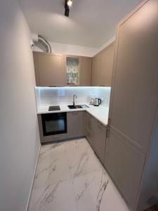 a small kitchen with a sink and a stove at Mikołowska Small Heaven - free underground parking in Katowice +9 photos