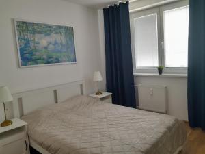 1 Schlafzimmer mit einem Bett und 2 Fenstern mit blauen Vorhängen in der Unterkunft Apartment in the heart of Myjava Town in Myjava