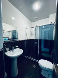 a bathroom with a sink and a shower and a toilet at Black Sea Hotel in Kvariati