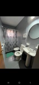 La salle de bains est pourvue de 2 toilettes, d'un lavabo et d'un miroir. dans l'établissement Alquiler Temporal en Nueva Córdoba!, à Córdoba