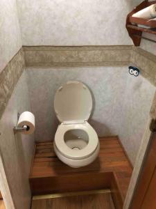 Baño pequeño con aseo en una cabina en Private 1-bedroom RV with full hookups and direct bus to NYC Manhattan only 2 blocks away, en Linden 13 fotos más