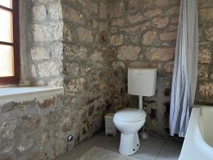 a bathroom with a white toilet and a stone wall at Artist's House on the Mountain in Zelenika +8 photos