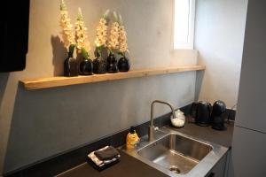 a kitchen counter with a sink and vases of flowers at Casa del Queso in Alkmaar +8 photos