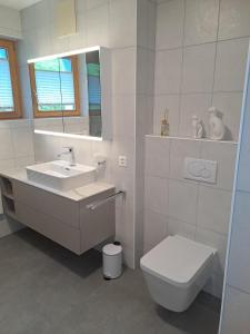 Un baño blanco con inodoro y lavabo. en Chasa Azura, en Scuol