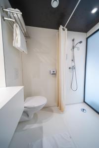 a white bathroom with a toilet and a shower at In Hotel Nancy Frouard in Frouard