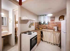 a small kitchen with a stove and a sink at Οdyssey Apartments Lefkas Centrum in Lefkada