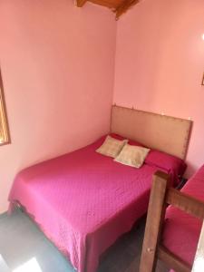 a small pink bedroom with a bed with pink sheets at Cabañas La Delgada in Tafí del Valle