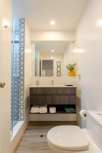 Un baño con inodoro, lavabo y espejo. en Premiere apartment in the heart of Barranco, a block away from Central restaurant, en Lima 17 fotos más