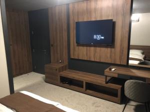 a hotel room with a television and a bed at Apartmani Baumid Apatin in Apatin