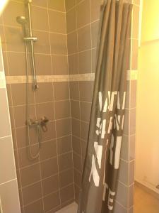 a shower with a shower curtain in a bathroom at Studio Pont de Sèvres bien situé in Sèvres +5 photos