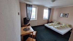 a hotel room with two beds and a television at Vila Tatranka in Stará Lesná