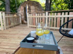 a tray with glasses of wine on a table at T'glamp Bee house in Rovte