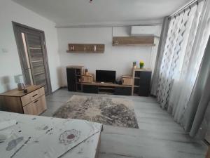 a living room with a television and a table at White House in Turnu Măgurele
