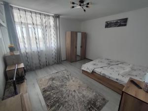 una camera da letto con un letto e una grande finestra di White House a Turnu Măgurele