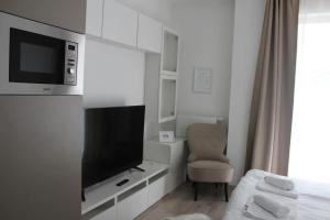 un soggiorno con TV e sedia in camera di Elisabeth Residence 102 with parking a Budapest