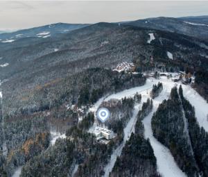 an aerial view of a mountain with a sign on it at Woodstone 6 in Pekre