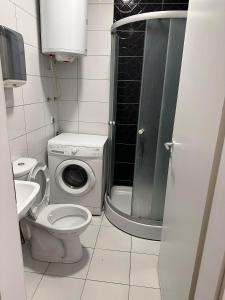 a small bathroom with a toilet and a shower at Apartment Guri 1 in Pristina +10 photos