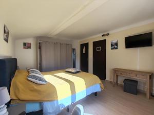 une chambre avec un lit, un bureau et une télévision dans l'établissement Chambres d'hôtes L'Amphitryon 5 CHAMBRES, à Villemus