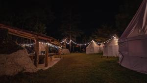 a group of tents in a field at night at Exclusivo glamping en el bosque in Ferrería de Tula