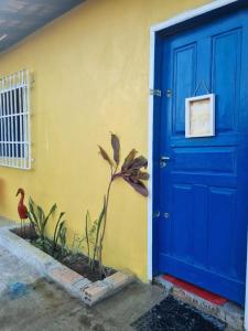 a blue door and a plant next to a building at Suíte estrela do sal in Salinópolis