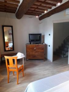a bedroom with a television and a wooden dresser with a chair at La capanna di Corte Bimbo Home Made Home in Lucca