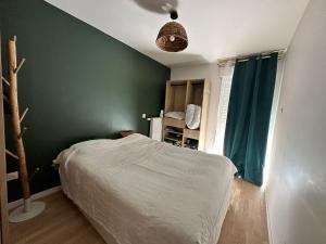 a bedroom with a bed and a green wall at Appartement Cosy proche Paris in Arcueil