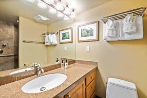 Un baño con lavabo, inodoro y espejo. en Lodge at Lionshead 406, en Vail