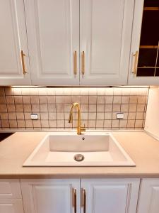 a kitchen counter with a sink and white cabinets at Dimeli 3 in Litochoro +22 photos
